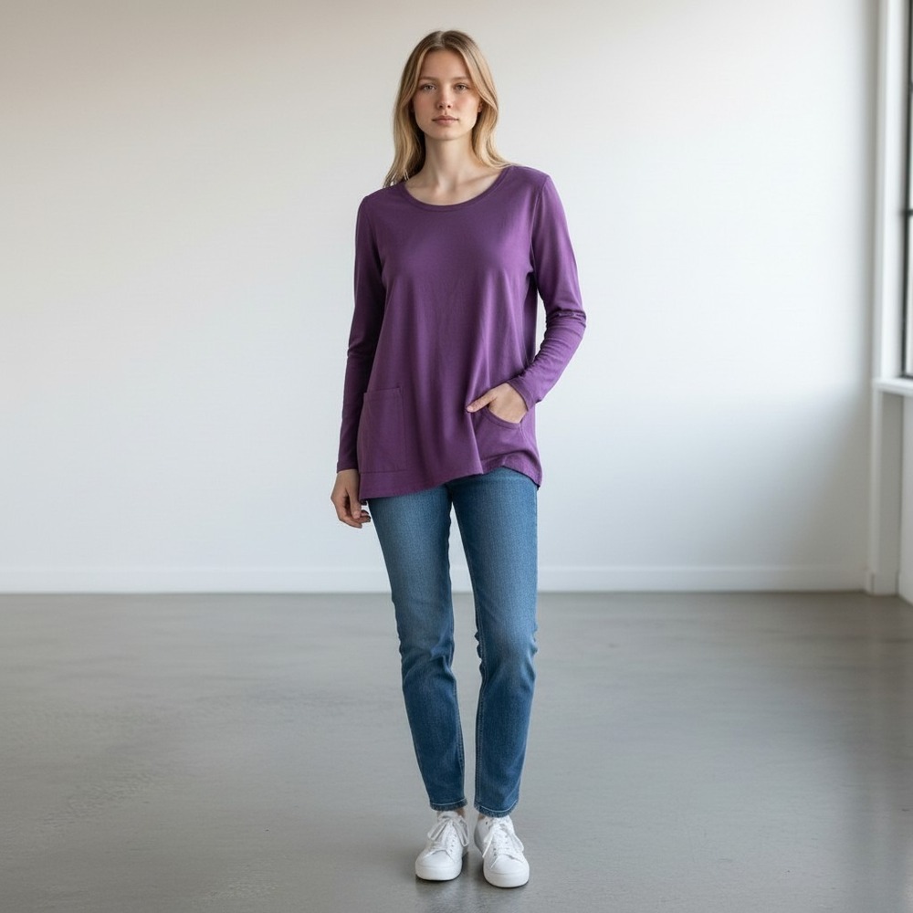 Logo Lori Goldstein Women's Med Purple Hi Low Handkerchief Hem Long Sleeve Tunic